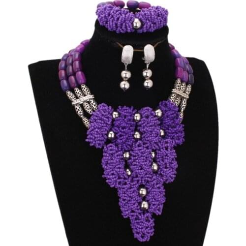 Dudo Store African Tribal Jewelry Purple / Green and Red Chunky Choker Necklace Set 3 Layers Bridal Set Crystal Beads 2019 New