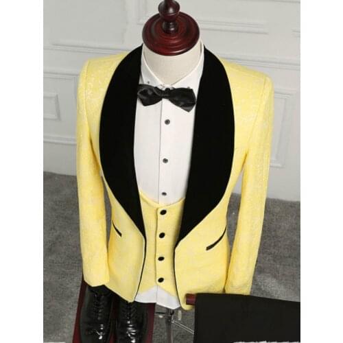 Fantastic One Button Yellow Printing Groom Tuxedos Groomsmen Shawl Lapel Mens Suits Blazers (Jacket+Pants+Vest+Tie) W:1186