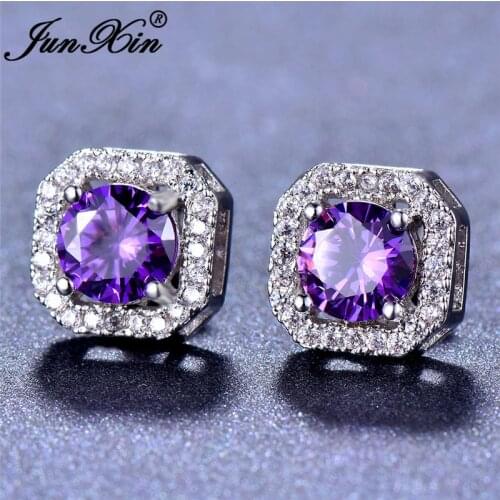 JUNXIN Multicolor Zircon Square Stud Earrings For Women Silver Color Blue Opal Purple Red Wedding Earrings Female