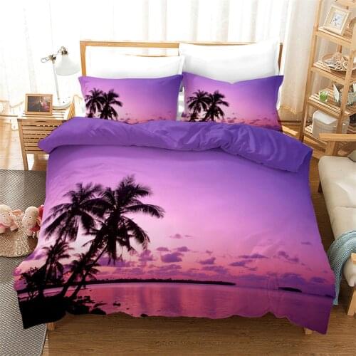 Purple Bed Linen With Sunset Cloud Print Single Double Romantic Duvet Cover Set Sea Beach 3D Printed Bedding Set Girl Bed Cover