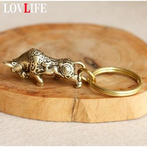 Brass Wall Street Bullfighting Key Ring Pendant Vintage Copper Lucky Bull Keychain Charm Chinese Feng Shui Hanging Jewelry Decor