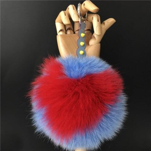 Magicfur - 15cm 6" Large Real Fox Fur Ball Pompom W Red Heart Light Blue Ball Bag Charm Keychain Key Ring Pendant