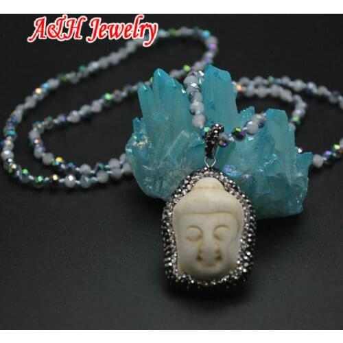 Fashion Women Jewelry Rhinestone Paved On Howlite Howlite Carved Buddha Head Pendant Faceted Glass Bead Chain Necklace