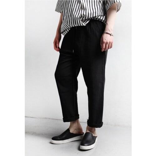 Mens fashion versatile solid color simple straight wide leg strapping Pants Capris