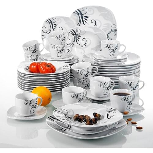 60-Piece Black Decals Porcelain Ceramic Dinner Combi-Set with Dessert Plate Soup Plate Dinner Plate Cup Saucer