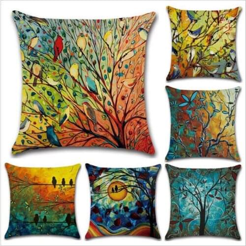 45cm*45cm Oil painting trees and birds design linen/cotton throw pillow covers couch cushion cover home decorative pillows