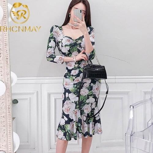 2020 Summer Runway Designer Floral Flower Luxury Mermaid Party Dresses Vintage Elegant Lady V Neck Midi Long Dress Vestidos