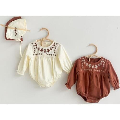 New 2021 Spring Korean Style Newborn Baby Girls Embroidery Cotton Bodysuits with Hats Toddlers Kids Clothes Infants Jumpsuits