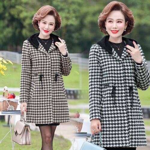Middle-aged womens Autumn Lattice Woolen coat Fashion Winter Jacket coat Casual Woolen coat Plus size Long Hooded Overcoat 5XL