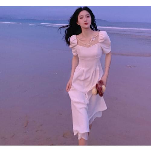Womens dress summer solid color temperament retro puff sleeve traf Womens sweaters French stitching square tie y2k woman dress