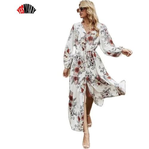 Boho Dresses For Women 2021 Spring Autumn Long Sleeve Dress Vintage White Floral Bohemia Beach Long Dress Buttons Up Woman Dress