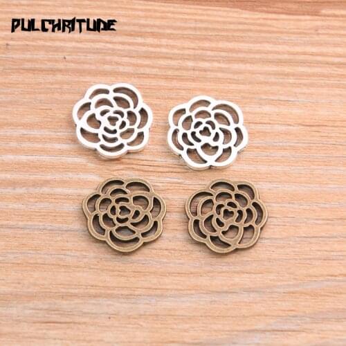 PULCHRITUDE 20pcs 15*16mm Metal Alloy Two Color Hollow Flower Charms Plant Pendants For Jewelry Making DIY Handmade Craft
