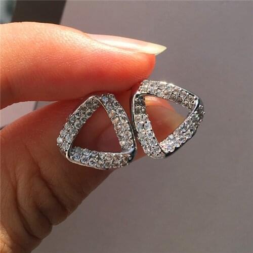 Luxury Female White Triangle Stud Earrings Cute Fashion Crystal Double Earrings For Women Silver Color Wedding Jewelry