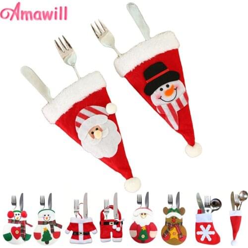 Amawill 6pcs 2021Christmas Decorations For Home Table Dinner Decor Cute Xmas Hat Knifes Folks Bag Holder Pockets New Year 75D