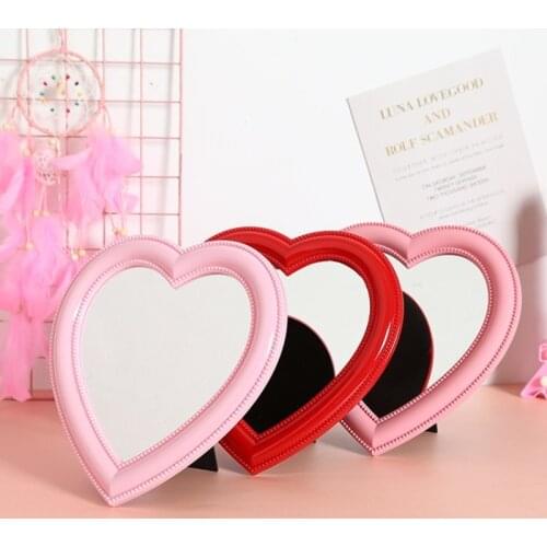 Pink Cute Heart Shaped Table Makeup Cosmetic Mirror Compact Decorative Vanity Standing Placed Hanging Korean Small Hand Mirrors