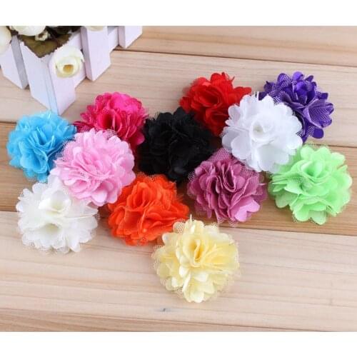 50pcs/lot)2" 12 Colors Mini Tulle Shimmer Chiffon Flowers Flat Back Hair Flower For Headbands Girls Hair Accessories