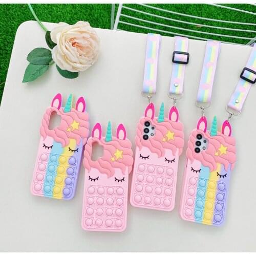 Cartoon Horse Silicone Case For Samsung Galaxy S9 S10 S20 Plus S21 Note 9 10 20 Ultra Reliver Stress Bubble Cover With Lanyard