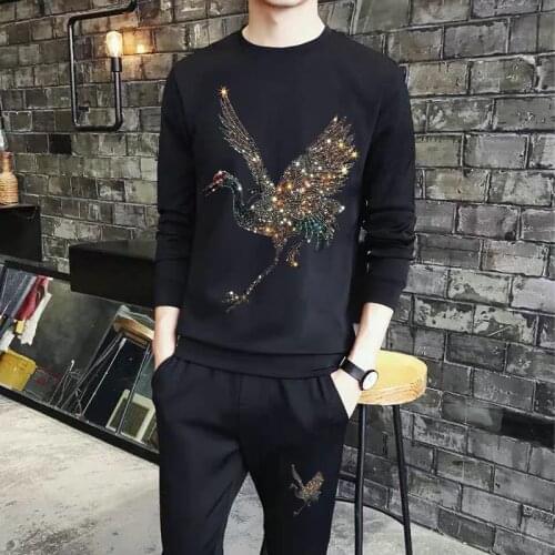 Tracksuit Mens Fashion Youth Suitable For Winter Oversized Warm Sportswear Hoodie And Trousers Hot Drill Rhinestone Skull