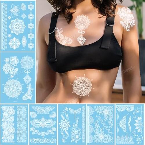 White Henna Tattoo Mandala Lotus Flowers Sexy Lace Tattoo Sticker Fake Waterproof Indian Arabic Tatoo Hand Sleeve Jewelry Mehndi
