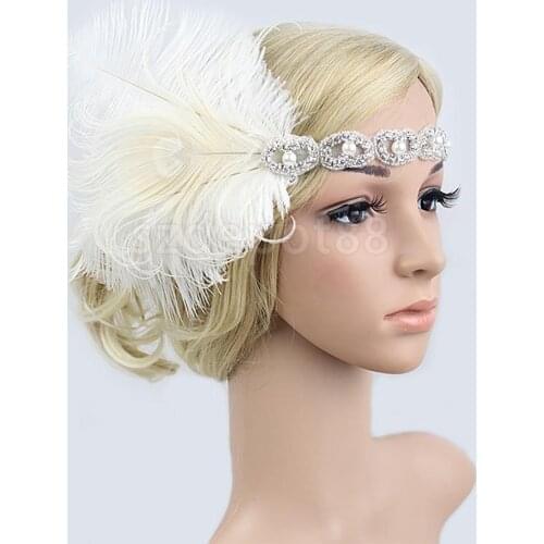 Vintage Woman Elastic Feather Headband 1920s Gatsby Party Charleston Party Rhinestone Forehead Decorations