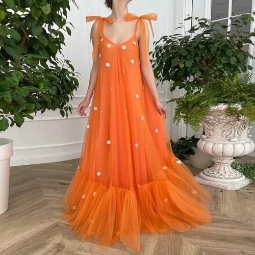 Vintage Orange Tulle Prom Dresses 2021 3D Flowers Floor Length Bow knot Straps Formal Evening Party Gowns Custom Made