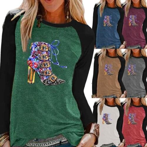 Autumn and Winter Women Clothing Fashion Printing Raglan Long Sleeve Round Neck Elegent Loose Casual Shirt Plus Size Tops