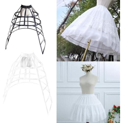 Women 5 Hoops Skirt Pannier Petticoat Hollow Out Bird Cage Cutout Fishbone Crinoline Underskirt Ruffles Elastic Waist Lolita Cos