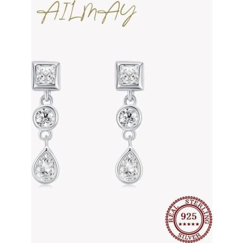 Ailmay Genuine 925 Sterling Silver Geometric Combination Clear Zircon Stud Earrings For Women Girls Party Accessories Jewelry