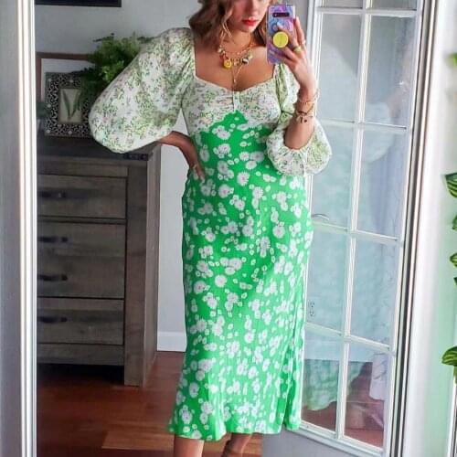 2021 Summer Autumn Long Sleeve Patchwork Floral Print Long Dress Holiday Beach Vocation Dress
