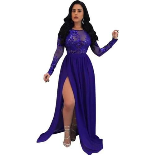 2020 Sexy See-through Sequins Dress Elegant Women Backless Long Lace Dress High Split Maxi Party Dresses Vestidos De Fiesta
