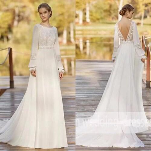Vestido De Noiva Boho Wedding Dresses 2021 Elegant Bride Dress Beach Chiffon Wedding Gown Long Sleeve Simple Floor Length Gowns