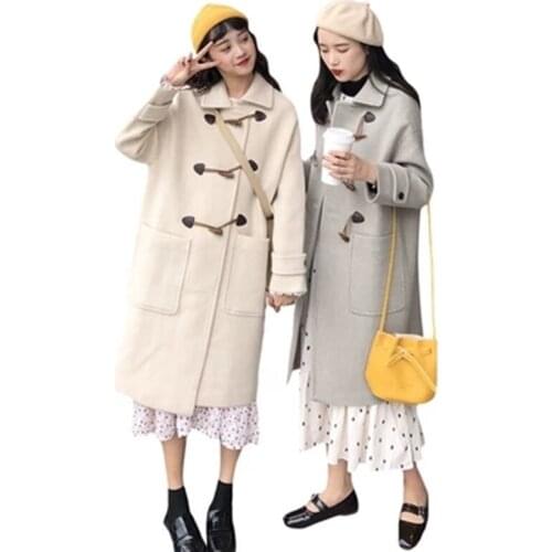 Winter Womens Long Section Hepburn Horn Buckle Quilted Thick Woolen Coat Loose Student Wool Coat