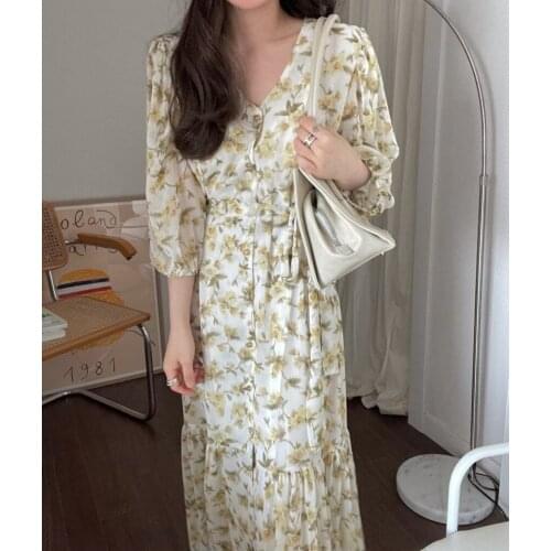 2021 New Flower Print Summer Dress Evening Long Vintage Dresses Oversize Half Sleeve Beach Women Dress Robe Vestido Prom