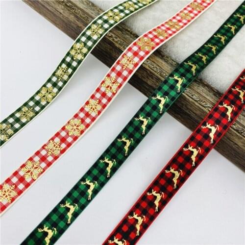 5yards 15mm Bronzing Christmas Ribbon Printing Plaid Ribbon For Handmade Bow Christmas Decorations DIY Gift Wrapping