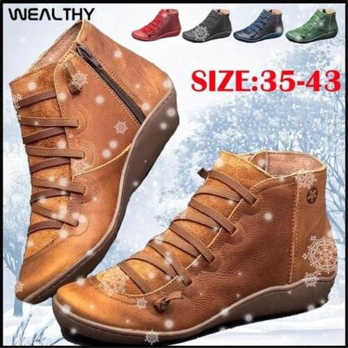 WEALTHY Women Winter Snow Boots PU Leather Ankle Flat Shoes Autumn Short Cross Strappy Vintage Zipper Lace Up Boots Botas Mujer
