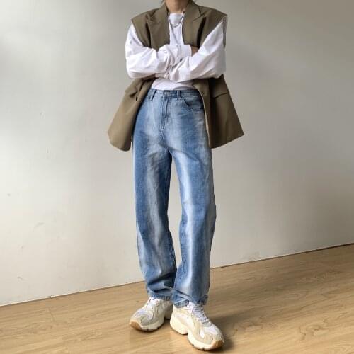 Brand New Men’s Korean Straight Pants Loose Fit Denim Jeans Personality Gradient Strip Mid-waist Stretch Denim Long Pants