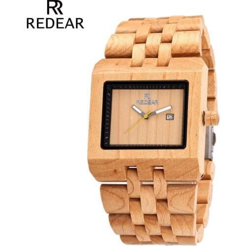 REDEAR Male Natural Wooden Watches Men Antique Birch Wood Square Watch Luxury Casual Quartz Wrist Watch Automatic Brand Watch