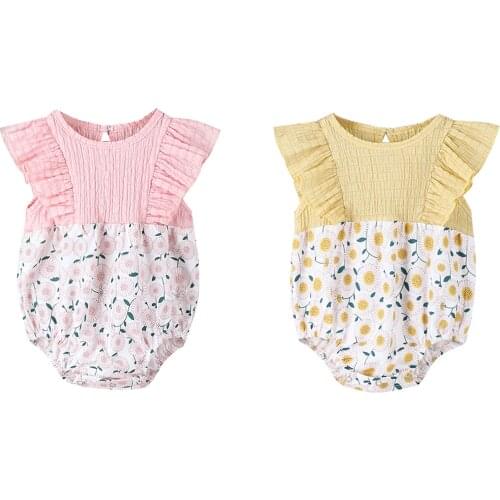 Baby Sunflower Printed Short Romper Girls Ruffle Cotton Sleeveless O-neck Stretchy Jumpsuit Romper Summer Clothes