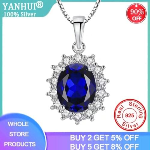YANHUI Elegant Oval Princess Diana William Sapphire Pendant Necklace Women 100% 925 Sterling Silver Charms Necklace Jewelry N345
