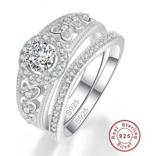 JQUEEN Round White Cubic Zirconia Bridal Set Rings Heart Authentic 925 Sterling Silver Rings Fine Jewelry For Women Gift