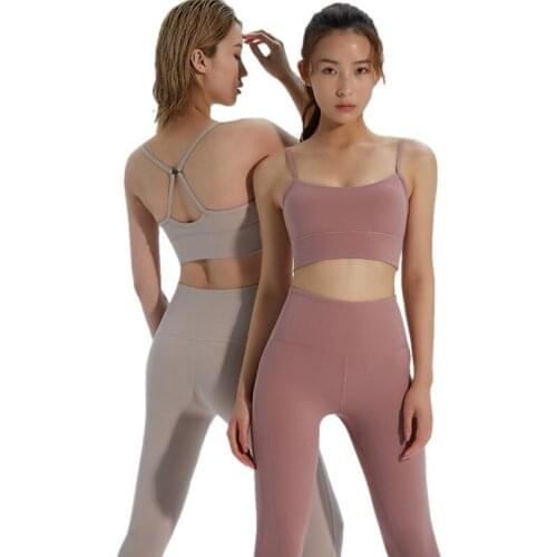 Yoga Set Women Thin Shoulder Straps Buckle Design Fitness Shockproof Sports Bra & High Waist Leggings 2 Pcs Running Sports Suits