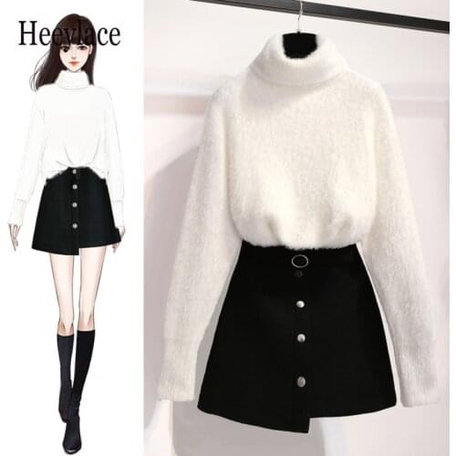 Winter white turtleneck thick warm sweater and skirt short two piece set korean clothing set women knitted suits outfit knitwear