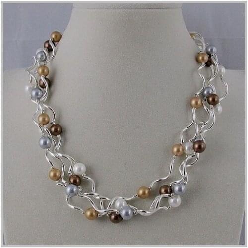 Unique Pearls jewellery Store,4 rows Silver Tube 8mm Mixes Color Shell Pearl Necklace,Magnet Clasp,Charming Girl Wedding Gift