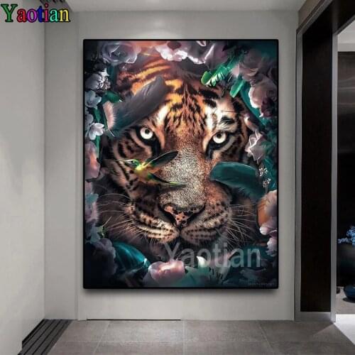 DIY Diamond Painting Cross Stitch Kits Animals Tiger Face In The Flowers Full Diamond Embroidery Mosaic Living Room Gift