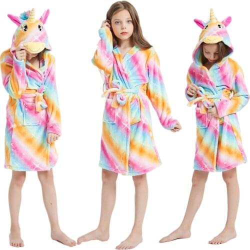 Baby Girls Hooded Unicorn Bathrobe Kigurumi Unicorn Anime Cartoon Childrens Sleepwear Baby Kids Bath Robes Pyjamas Clothes