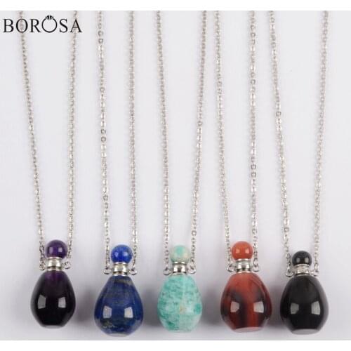 BOROSA Silver Plated Amazonite Agates Essential Oil Bottle Pendant Necklace Natural Gems Stones Perfume Bottle Necklace WX1608