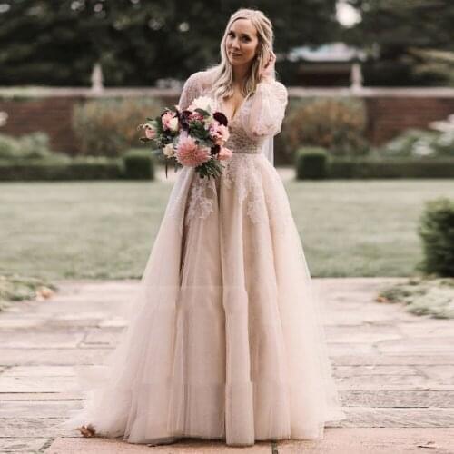 Romantic Champagne Boho Beach Wedding Dresses A Line Illusion Long Sleeve V Neck Bridal Gowns Appliques Lace Country Bride Dress