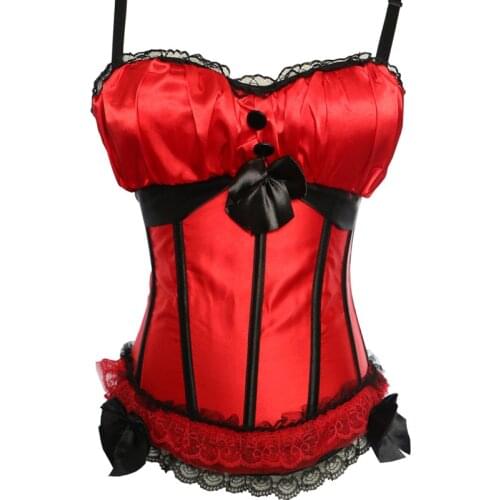 Sexy Lace Corset Bowknot Decorated Cup Straps Overbust Corsets Bustiers Top With Zipper Side Corselet For Women Plus Size