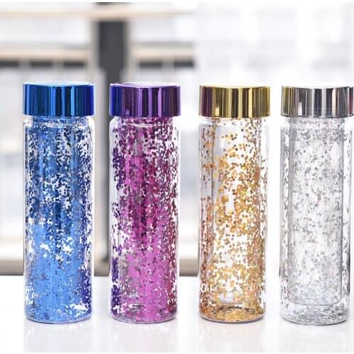 4 colors Fashion Sequins Shiny Portable Space Plastic Cup Double-deck Water Bottle Sports Leakproof Kettle Travel Water Bottles