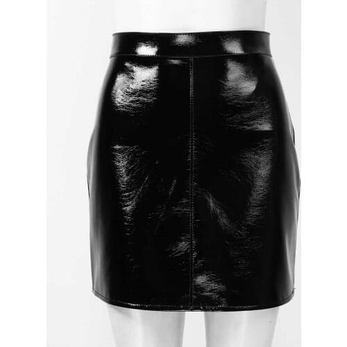 IEFiEL Womens Fashion Mini Skirts for Evening Pole Shiny Leather A-Line Skirt Moto Sexy Clubwear High Waist A-Line Miniskirt